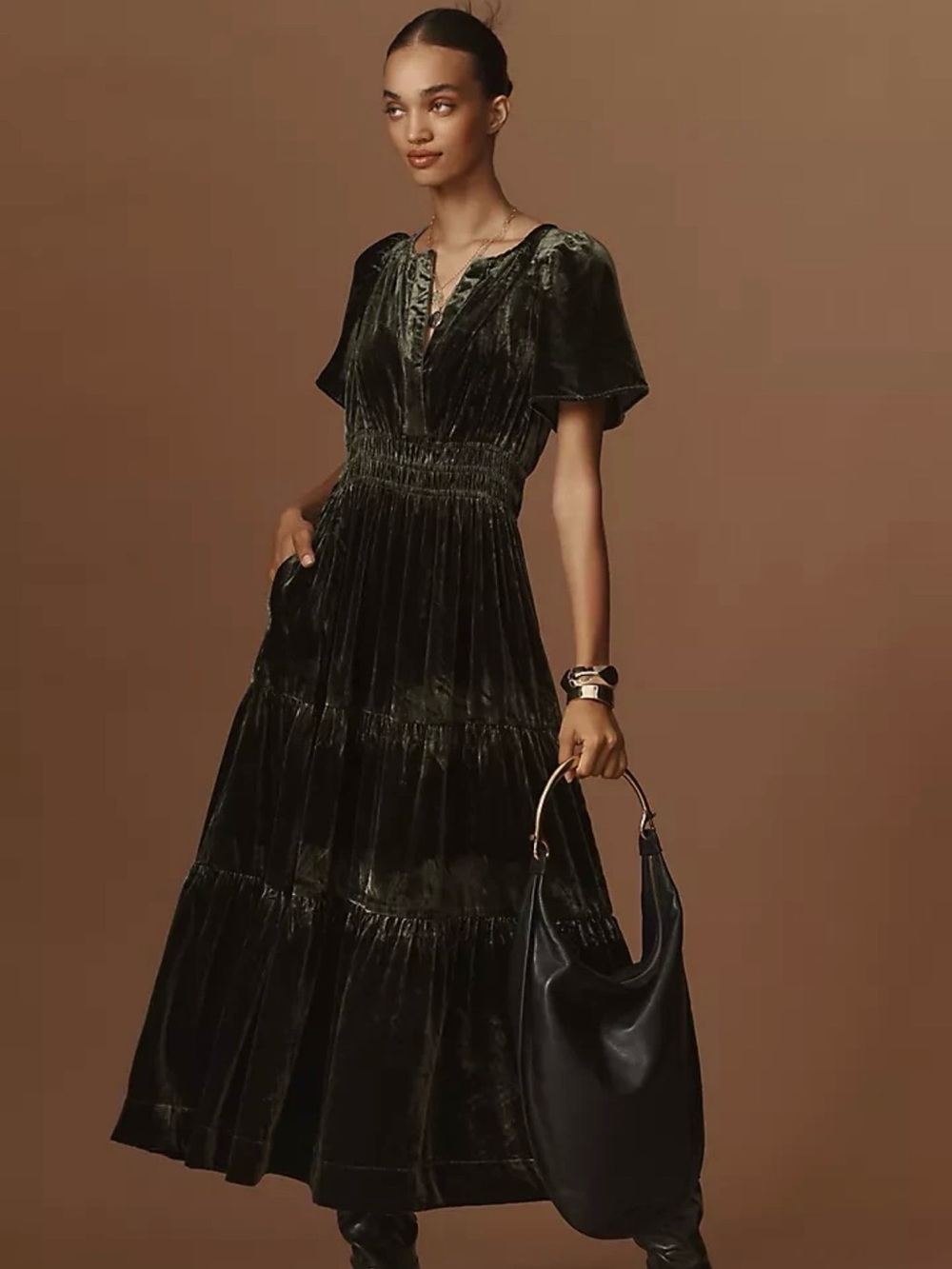 NWT Anthropologie Somerset dark green velvet maxi midi dress petite XL PXL